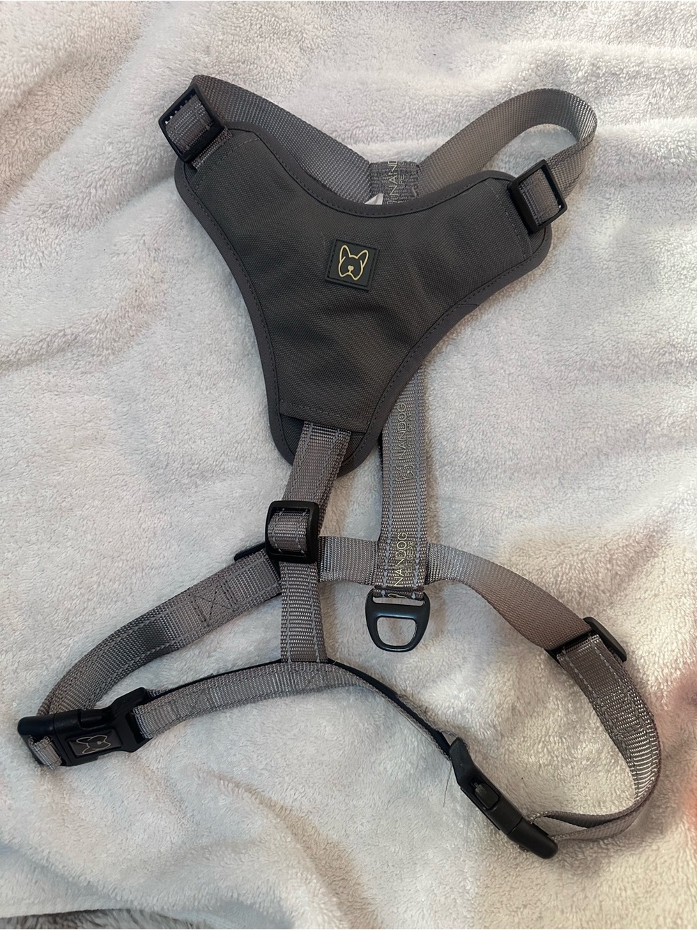 Adjustable Gray No-Pull Dog Harness with Subtle Logo Patch